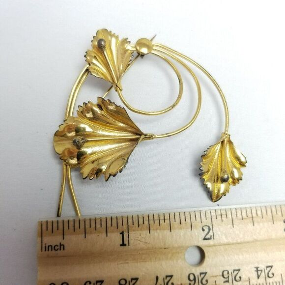 Vintage Sterling Silver Gold Plated Spiral Leaf Design Brooch, Large Estate - Picture 5 of 8